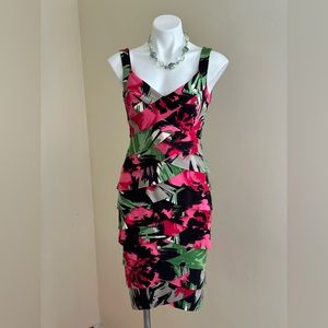London times pink red Green Black Bodycon Dress SZ 4 layered  Strips o lMaterial